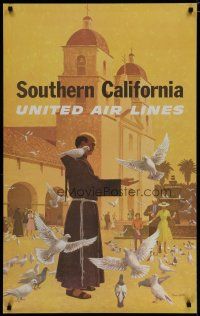 5x058 UNITED AIRLINES SOUTHERN CALIFORNIA travel poster '60s Stan Galli art of friar & birds!