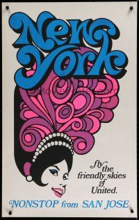 5x062 UNITED NEW YORK travel poster '70s non-stop from San Jose, art of showgirl!