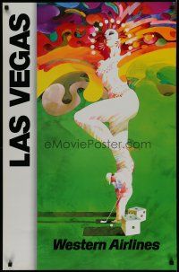 5x080 WESTERN AIRLINES LAS VEGAS travel poster '80s Weller art of sexy showgirl, gambling & golf!