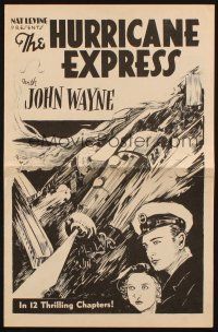 5z635 HURRICANE EXPRESS pressbook '32 cool art of young John Wayne & trains crashing!