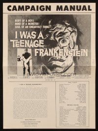 5z641 I WAS A TEENAGE FRANKENSTEIN pressbook '57 wonderful close up art of the wacky monster!