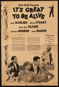 5z656 IT'S GREAT TO BE ALIVE pressbook '33 Gloria Stuart, Raoul Roulien, Edna May Oliver, Mundin
