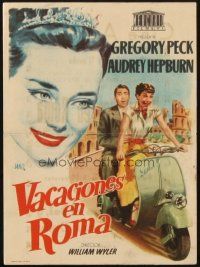 5z227 ROMAN HOLIDAY Spanish herald R1950s Jano art of Audrey Hepburn & Gregory Peck riding on Vespa!