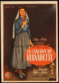5z262 SONG OF BERNADETTE Spanish herald '45 artwork of angelic Jennifer Jones by Soligo!