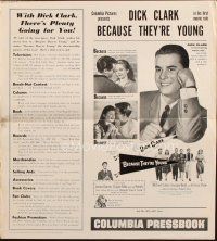 5z434 BECAUSE THEY'RE YOUNG pressbook '60 young Dick Clark, Tuesday Weld, rock 'n' roll teens!