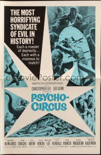 5z811 PSYCHO-CIRCUS pressbook '67 horrifying syndicate of evil, cool art of sexy girl terrorized!
