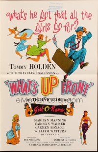 5z974 WHAT'S UP FRONT pressbook '64 Tommy Holden as bra salesman, wacky & sexy artwork!