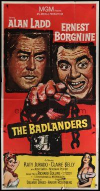 6a417 BADLANDERS 3sh '58 cool art of Alan Ladd, Ernest Borgnine and shackled fist holding chain!