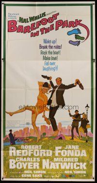 6a420 BAREFOOT IN THE PARK 3sh '67 McGinnis art of Robert Redford & Jane Fonda in Central Park!