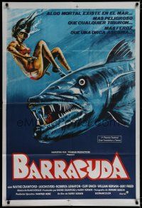 6a205 BARRACUDA Argentinean '78 great artwork of huge killer fish attacking sexy diver in bikini!