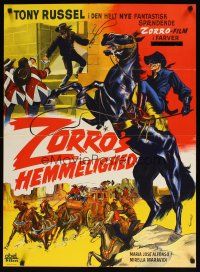 6d316 BEHIND THE MASK OF ZORRO Danish '65 cool Wenzel artwork of masked hero on horseback!