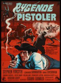 6d351 IN A COLT'S SHADOW Danish '65 cool Wenzel artwork of cowboy pointing revolver!