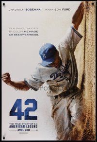 6e026 42 teaser DS 1sh '13 baseball, image of Chadwick Boseman as Jackie Robinson sliding home!