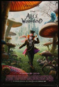 6e046 ALICE IN WONDERLAND advance DS 1sh '10 Tim Burton, image of Johnny Depp & huge mushrooms!