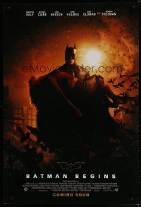 6e078 BATMAN BEGINS coming soon advance DS 1sh '05 Bale as the Caped Crusader carrying Katie Holmes