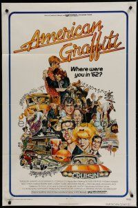6g043 AMERICAN GRAFFITI 1sh '73 George Lucas teen classic, wacky Mort Drucker artwork of cast!