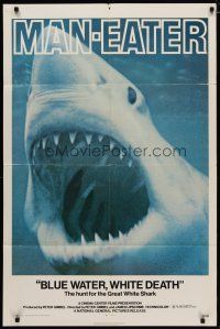 6g110 BLUE WATER, WHITE DEATH 1sh '71 cool super close image of great white shark with open mouth!