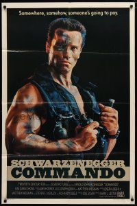6g180 COMMANDO int'l 1sh '85 tough guy Arnold Schwarzenegger is going to make someone pay!