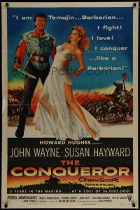6g182 CONQUEROR style A 1sh '56 barbarian John Wayne grabs half-dressed sexy Susan Hayward!