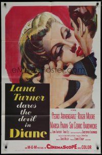 6g225 DIANE 1sh '56 sexy Lana Turner dares the devil, great close up romantic artwork!