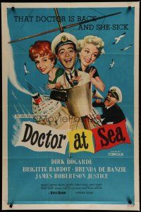 6g231 DOCTOR AT SEA 1sh '56 wacky art of sailor Dirk Bogarde & sexy Brigitte Bardot!