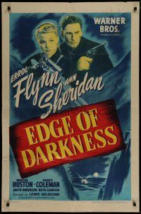6g250 EDGE OF DARKNESS 1sh '42 great image of Errol Flynn & Ann Sheridan, both pointing guns!