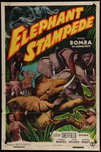 6g254 ELEPHANT STAMPEDE 1sh '51 Johnny Sheffield as Bomba the Jungle Boy, cool art!