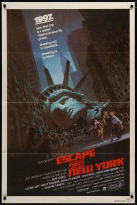 6g266 ESCAPE FROM NEW YORK 1sh '81 Carpenter, art of decapitated Lady Liberty by Barry Jackson!