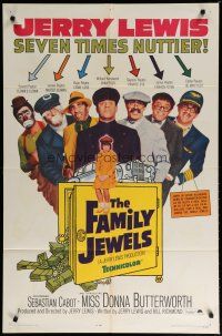 6g279 FAMILY JEWELS 1sh '65 Jerry Lewis is seven times nuttier in seven roles, wacky art!
