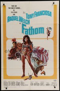 6g285 FATHOM 1sh '67 art of sexy nearly-naked Raquel Welch in parachute harness & action scenes!