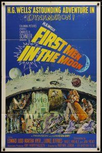 6g294 FIRST MEN IN THE MOON 1sh '64 Ray Harryhausen, H.G. Wells, fantastic sci-fi artwork!