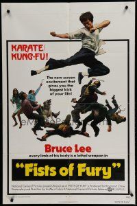 6g295 FISTS OF FURY 1sh '73 Bruce Lee gives you biggest kick of your life, great kung fu image!