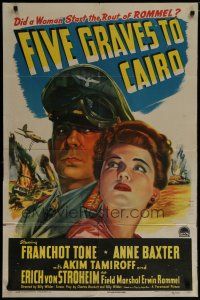 6g298 FIVE GRAVES TO CAIRO style A 1sh '43 Billy Wilder, Nazi Erich von Stroheim,  Anne Baxter!