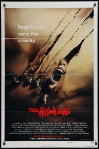6g436 HOWLING teaser 1sh '81 Joe Dante, cool image of screaming female attacked by werewolf!