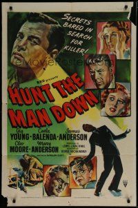 6g437 HUNT THE MAN DOWN style A 1sh '51 cool film noir art, secrets bared in search for killer!