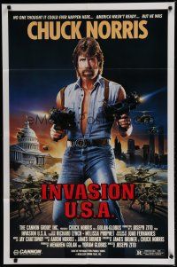 6g456 INVASION U.S.A. 1sh '85 great artwork of Chuck Norris with machine guns by Watts!