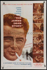 6g462 JAMES DEAN STORY 1sh '57 cool close up smoking artwork, was he a Rebel or a Giant?