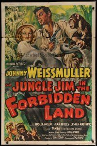 6g477 JUNGLE JIM IN THE FORBIDDEN LAND 1sh '51 Cravath art of Johnny Weissmuller in title role!