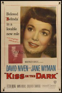6g492 KISS IN THE DARK 1sh '49 close up headshot of Jane Wyman + kissing David Niven!