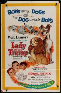 6g497 LADY & THE TRAMP/ALMOST ANGELS 1sh '62 Walt Disney double-feature w/cool canine art!