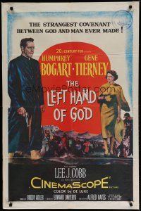 6g511 LEFT HAND OF GOD 1sh '55 artwork of priest Humphrey Bogart holding gun + sexy Gene Tierney!