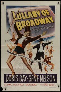 6g537 LULLABY OF BROADWAY 1sh '51 art of Doris Day & Gene Nelson in top hat and tails!