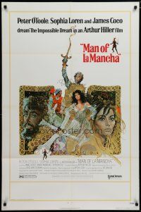 6g549 MAN OF LA MANCHA 1sh '72 Peter O'Toole, Sophia Loren, cool Ted CoConis art!