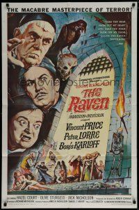 6g710 RAVEN 1sh '63 art of Boris Karloff, Vincent Price & Peter Lorre by Reynold Brown!