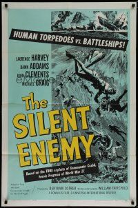 6g775 SILENT ENEMY 1sh '59 cool art of English human torpedoes vs. battleships!