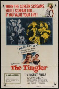 6g888 TINGLER 1sh '59 Vincent Price, William Castle, terrified audience, presented in Percepto!