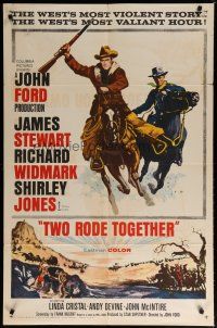 6g916 TWO RODE TOGETHER 1sh '61 John Ford, art of James Stewart & Richard Widmark on horses!