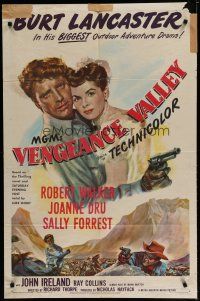 6g937 VENGEANCE VALLEY 1sh '51 art of Burt Lancaster holding Joanne Dru & pointing gun!
