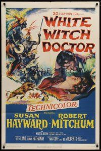 6g972 WHITE WITCH DOCTOR 1sh '53 art of Susan Hayward & Robert Mitchum in African jungle!