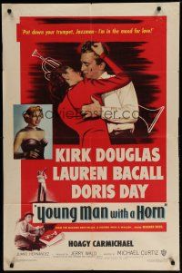 6g996 YOUNG MAN WITH A HORN 1sh '50 jazz man Kirk Douglas kisses sexy Lauren Bacall + Doris Day!